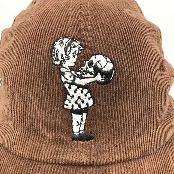 Young Girl Holding a Skull Corduroy Hat Brown Adjustable Strap Gothic Eerie Cap - Picture 2 of 8